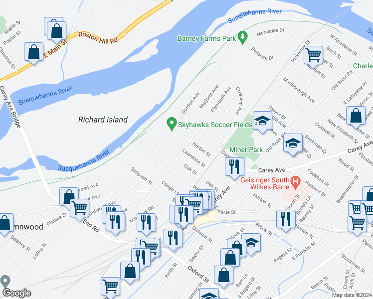 map of restaurants, bars, coffee shops, grocery stores, and more near 121 Oak Street in Wilkes-Barre