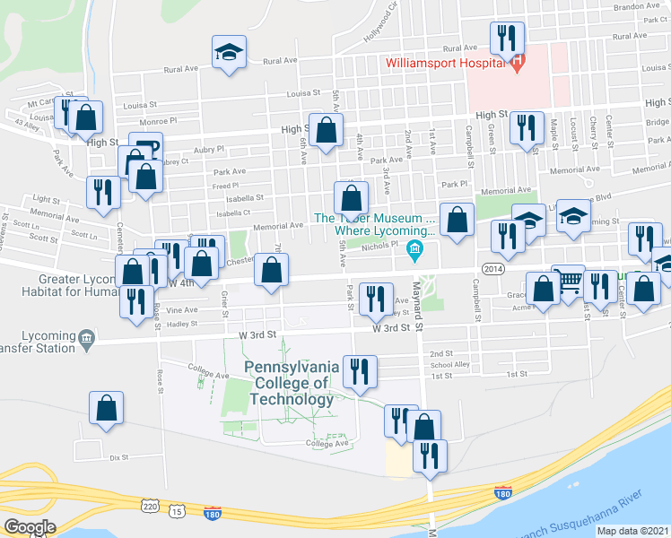 map of restaurants, bars, coffee shops, grocery stores, and more near 1005 West 4th Street in Williamsport