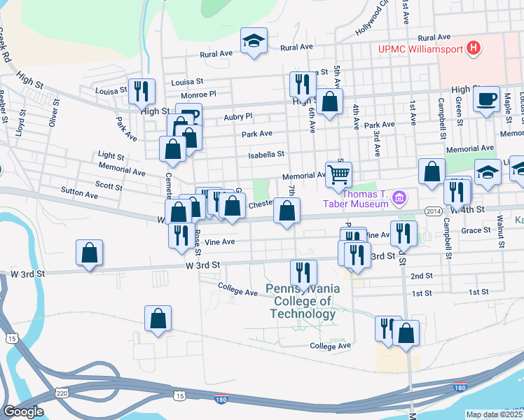 map of restaurants, bars, coffee shops, grocery stores, and more near 1134 West 4th Street in Williamsport