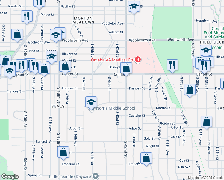 map of restaurants, bars, coffee shops, grocery stores, and more near 2112 South 43rd Street in Omaha