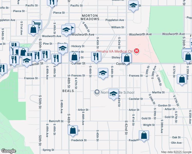 map of restaurants, bars, coffee shops, grocery stores, and more near 2108 South 45th Street in Omaha