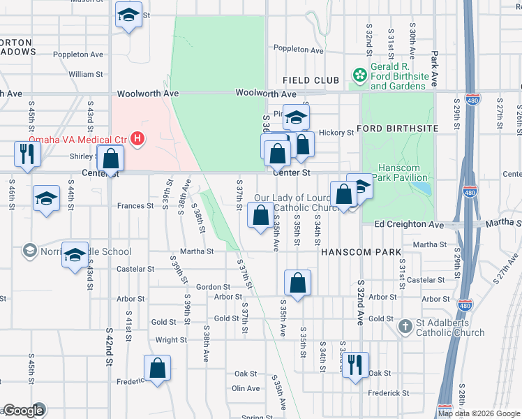 map of restaurants, bars, coffee shops, grocery stores, and more near 3603 Frances Street in Omaha