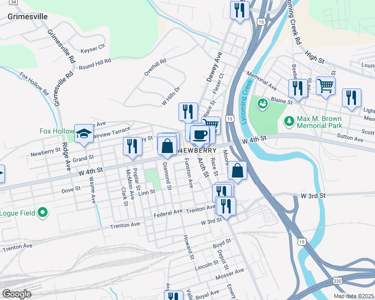 map of restaurants, bars, coffee shops, grocery stores, and more near 2017 West 4th Street in Williamsport