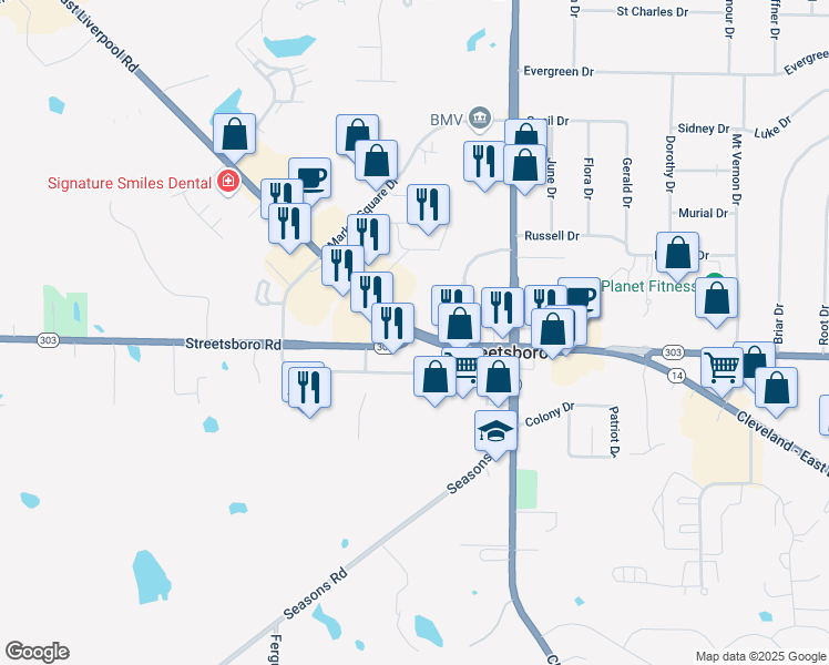 map of restaurants, bars, coffee shops, grocery stores, and more near 9438 Cleveland - East Liverpool Road in Streetsboro