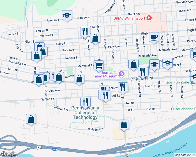 map of restaurants, bars, coffee shops, grocery stores, and more near 1006 West 4th Street in Williamsport