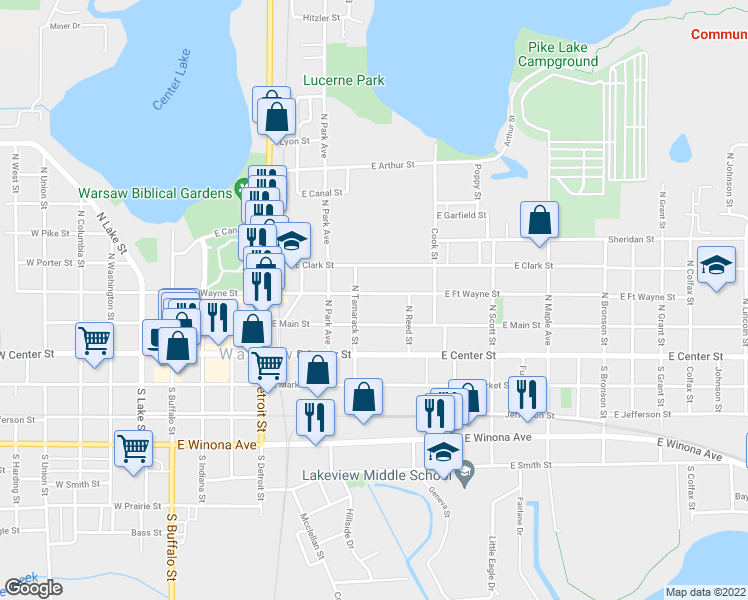map of restaurants, bars, coffee shops, grocery stores, and more near 714 East Fort Wayne Street in Warsaw