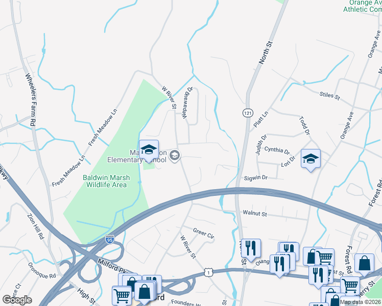 map of restaurants, bars, coffee shops, grocery stores, and more near 27 Welles Drive in Milford