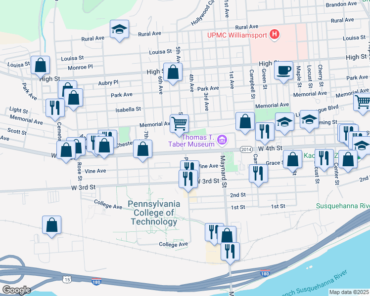 map of restaurants, bars, coffee shops, grocery stores, and more near 954 West 4th Street in Williamsport