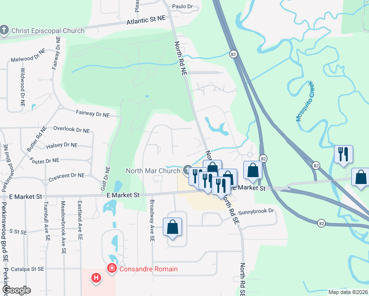 map of restaurants, bars, coffee shops, grocery stores, and more near 319 North Road Northeast in Niles