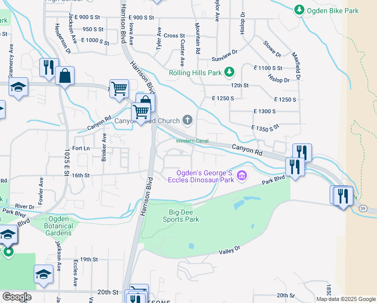 map of restaurants, bars, coffee shops, grocery stores, and more near 1384 Millcreek Drive in Ogden