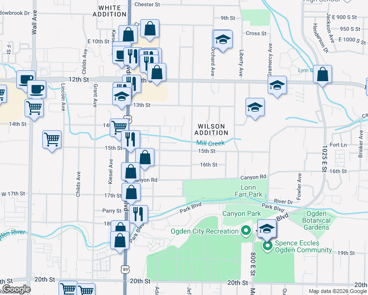 map of restaurants, bars, coffee shops, grocery stores, and more near 574 15th Street in Ogden