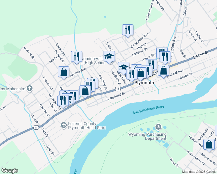 map of restaurants, bars, coffee shops, grocery stores, and more near 165 West Main Street in Plymouth