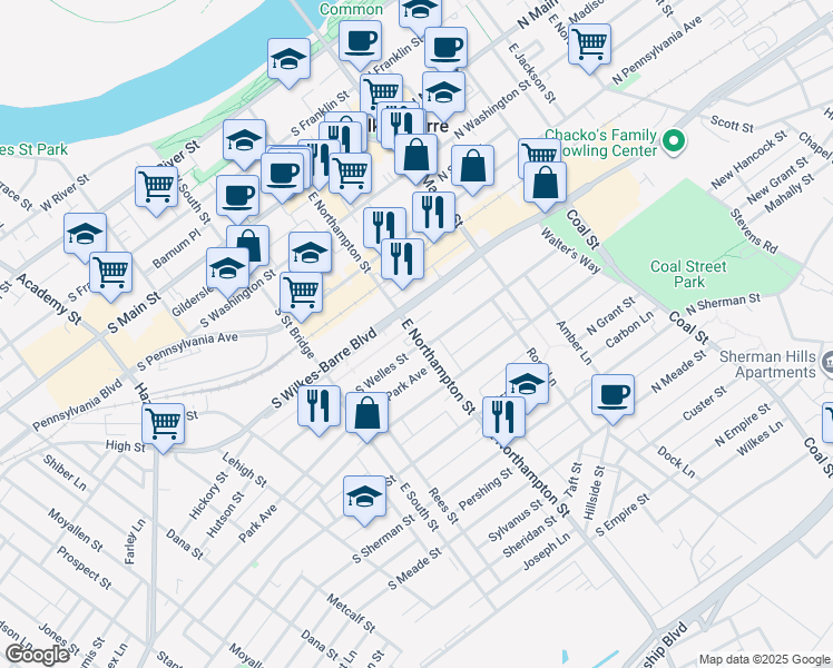 map of restaurants, bars, coffee shops, grocery stores, and more near 50 Lincoln Street in Wilkes-Barre