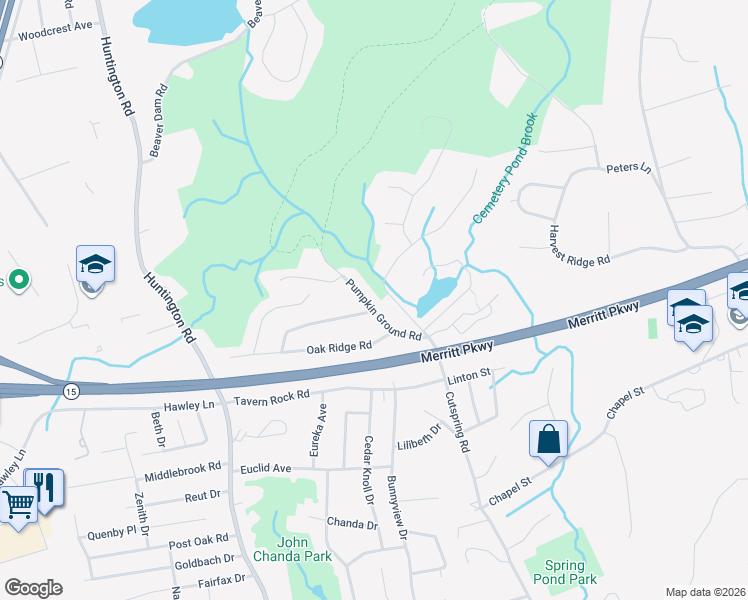 map of restaurants, bars, coffee shops, grocery stores, and more near 1745 Cutspring Road in Stratford