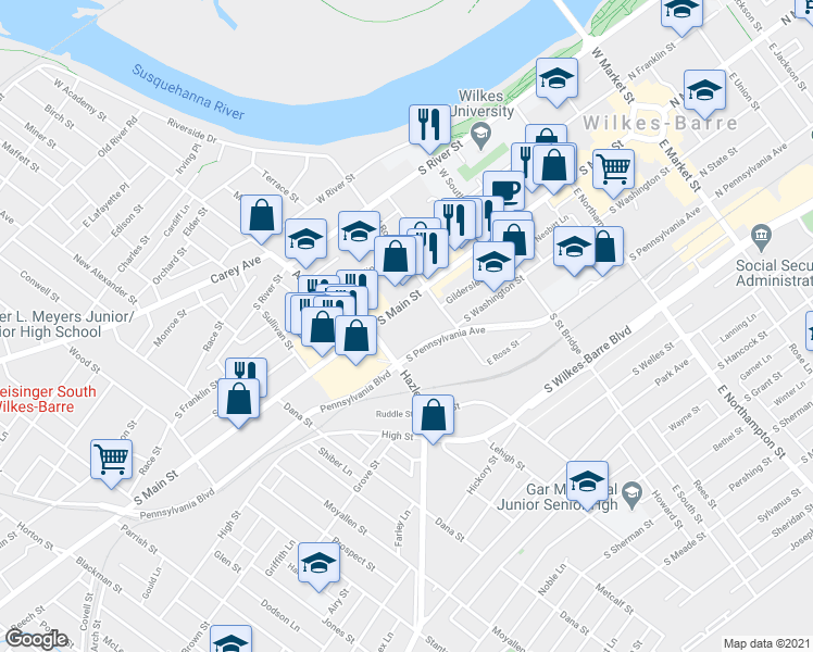 map of restaurants, bars, coffee shops, grocery stores, and more near 300 South Main Street in Wilkes-Barre