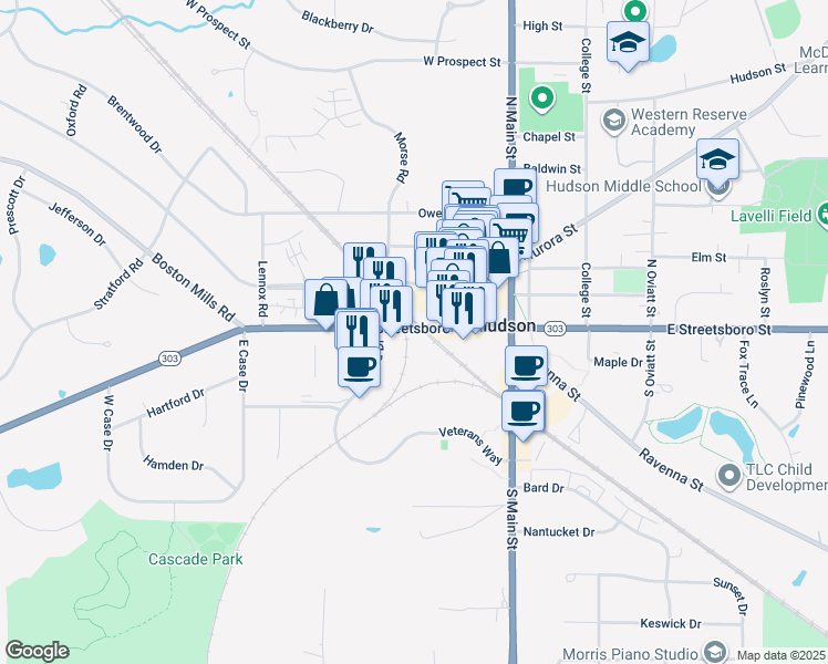 map of restaurants, bars, coffee shops, grocery stores, and more near 70 West Streetsboro Street in Hudson