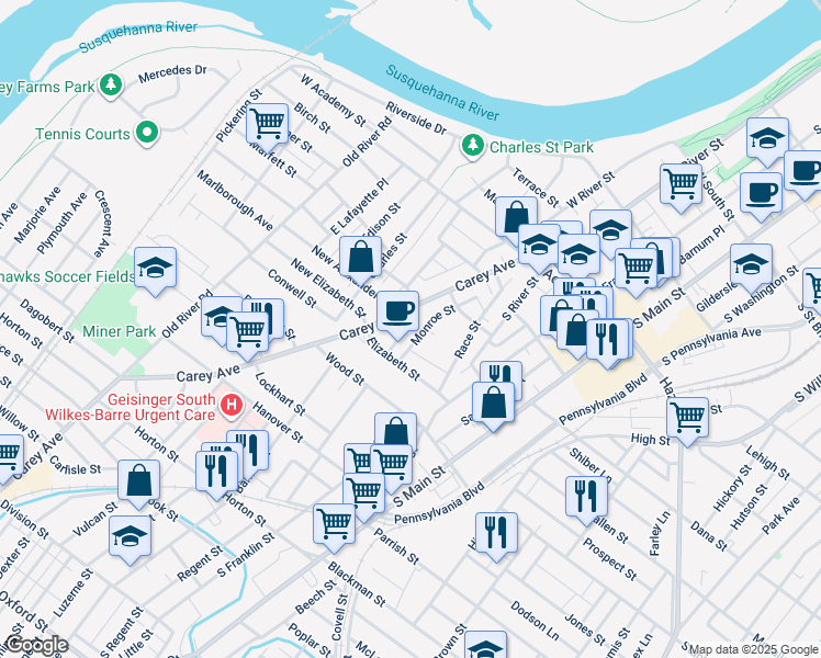 map of restaurants, bars, coffee shops, grocery stores, and more near 16 Alexander Street in Wilkes-Barre