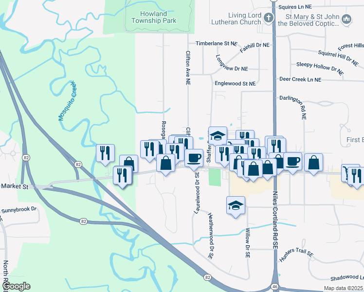 map of restaurants, bars, coffee shops, grocery stores, and more near 160 Clifton Avenue Northeast in Warren