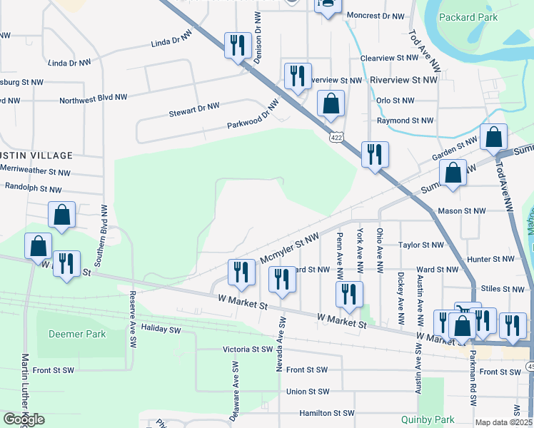 map of restaurants, bars, coffee shops, grocery stores, and more near 2518 West Market Street in Warren