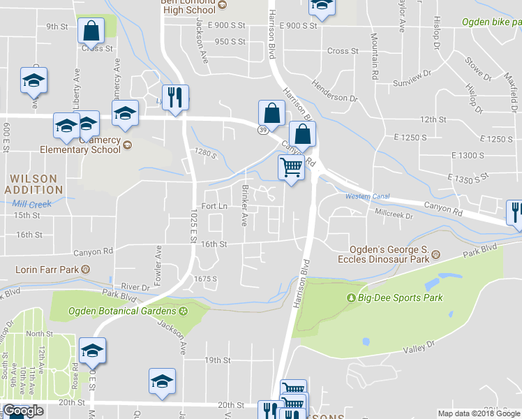 map of restaurants, bars, coffee shops, grocery stores, and more near 1474 South 1165 East in Ogden