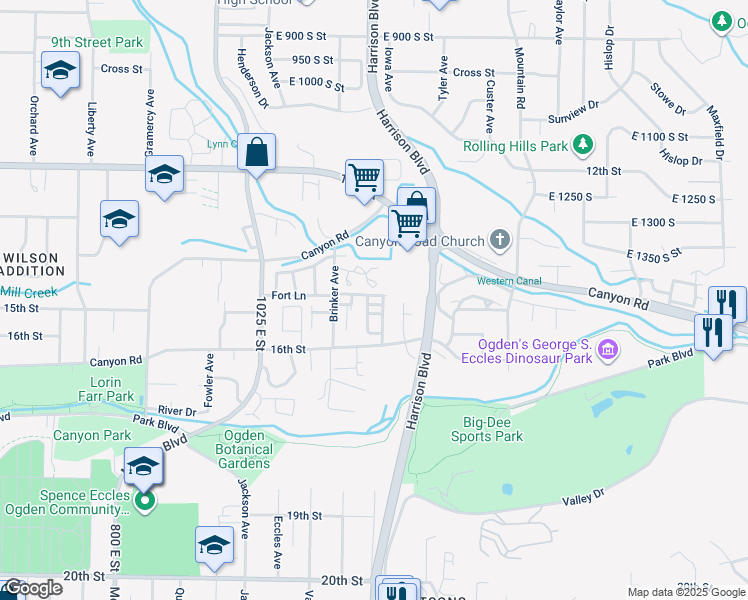 map of restaurants, bars, coffee shops, grocery stores, and more near 1498 South 1185 East in Ogden