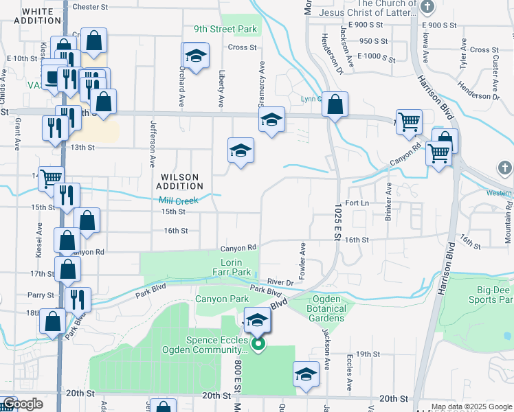 map of restaurants, bars, coffee shops, grocery stores, and more near 813 East 1500 South Street in Ogden