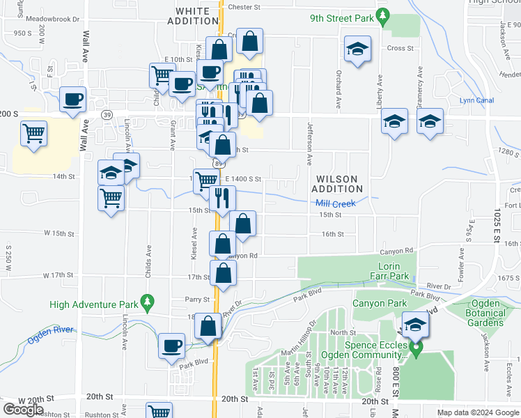 map of restaurants, bars, coffee shops, grocery stores, and more near 479 15th Street in Ogden