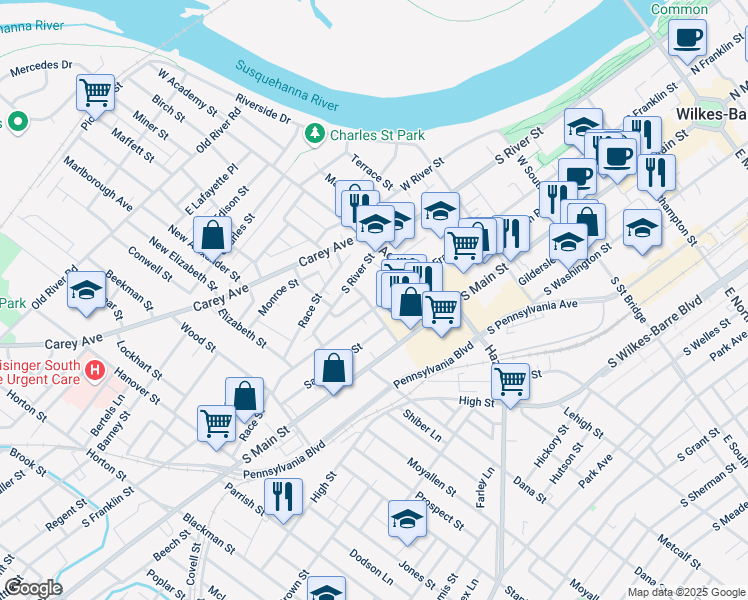 map of restaurants, bars, coffee shops, grocery stores, and more near 379 South Main Street in Wilkes-Barre