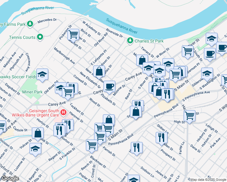 map of restaurants, bars, coffee shops, grocery stores, and more near 16 Alexander Street in Wilkes-Barre