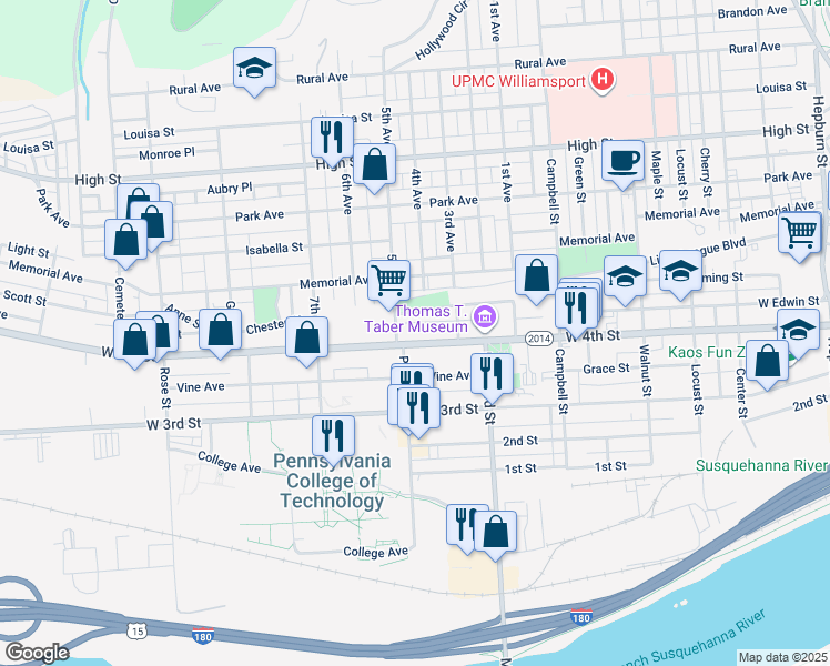 map of restaurants, bars, coffee shops, grocery stores, and more near 945 West 4th Street in Williamsport