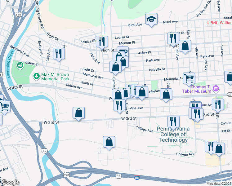 map of restaurants, bars, coffee shops, grocery stores, and more near in Williamsport
