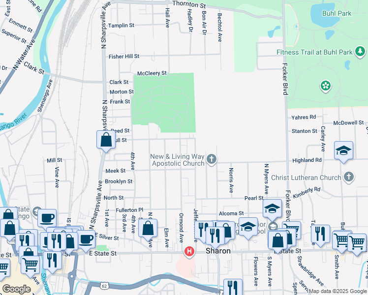 map of restaurants, bars, coffee shops, grocery stores, and more near 465 Jefferson Avenue in Sharon