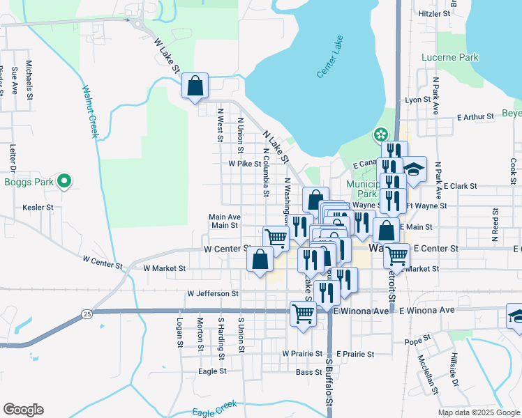 map of restaurants, bars, coffee shops, grocery stores, and more near 416 West Main Street in Warsaw