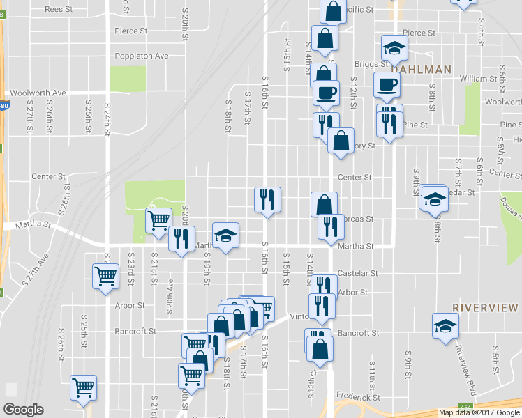 map of restaurants, bars, coffee shops, grocery stores, and more near 1515 Dorcas Street in Omaha