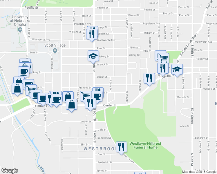 map of restaurants, bars, coffee shops, grocery stores, and more near 5820 Dorcas Street in Omaha
