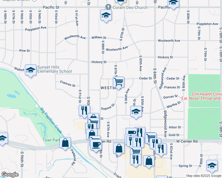 map of restaurants, bars, coffee shops, grocery stores, and more near 2105 South 87th Avenue in Omaha
