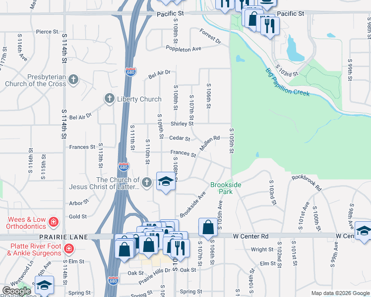 map of restaurants, bars, coffee shops, grocery stores, and more near 10737 Frances Street in Omaha