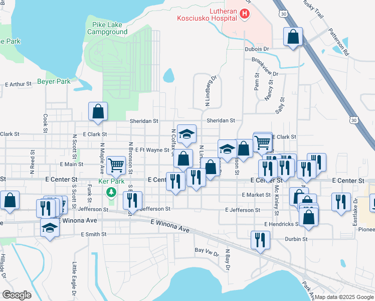 map of restaurants, bars, coffee shops, grocery stores, and more near 203 North Lincoln Street in Warsaw