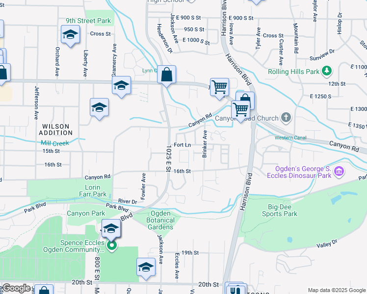 map of restaurants, bars, coffee shops, grocery stores, and more near 1043 Fort Lane in Ogden