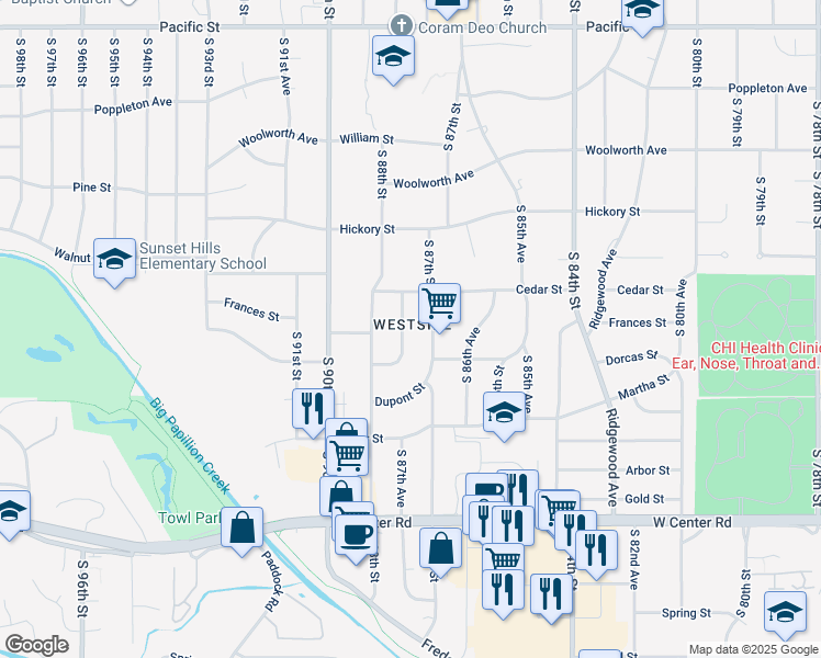 map of restaurants, bars, coffee shops, grocery stores, and more near 2105 South 87th Avenue in Omaha
