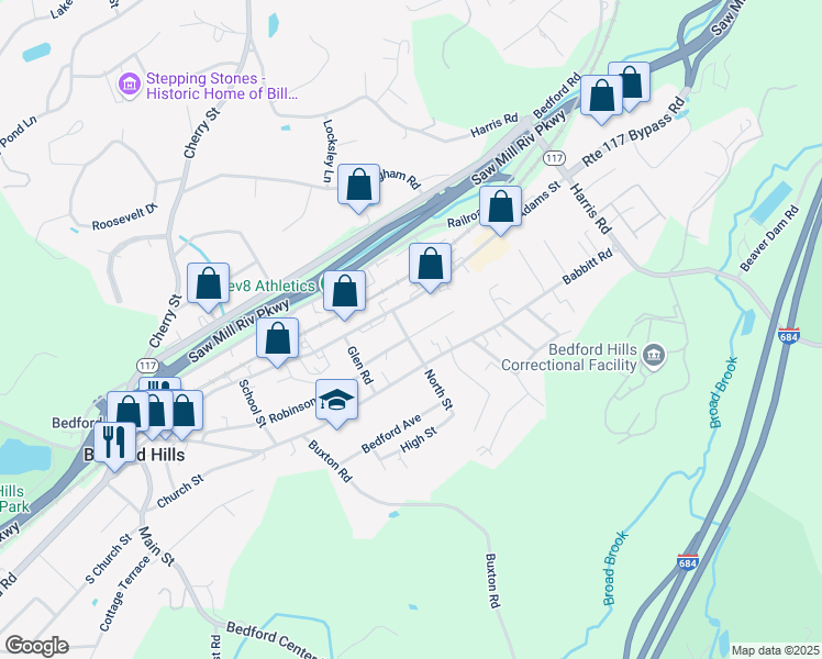map of restaurants, bars, coffee shops, grocery stores, and more near 52 Lawrence Avenue in Bedford Hills