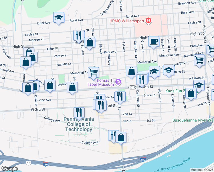 map of restaurants, bars, coffee shops, grocery stores, and more near 912 West 4th Street in Williamsport