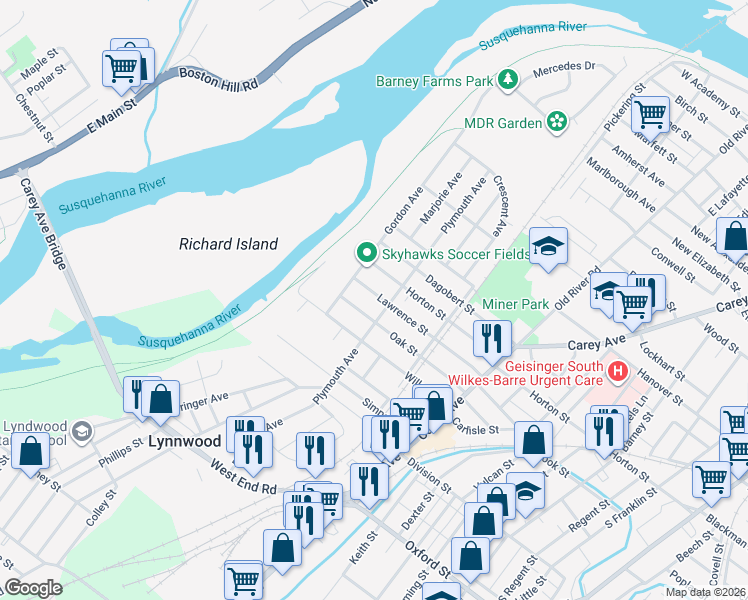 map of restaurants, bars, coffee shops, grocery stores, and more near 121 Oak Street in Wilkes-Barre