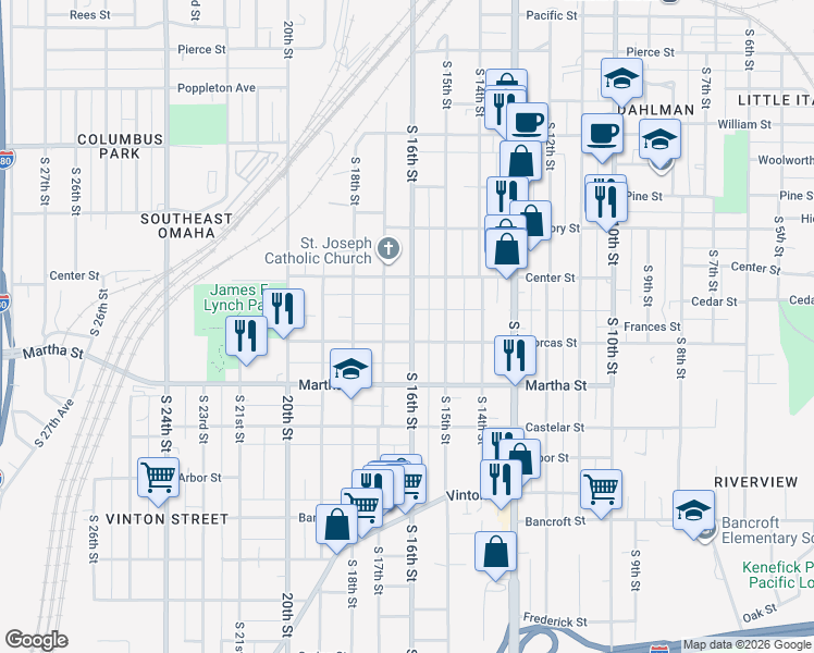 map of restaurants, bars, coffee shops, grocery stores, and more near 1515 Dorcas Street in Omaha