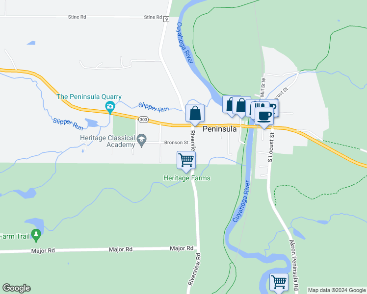 map of restaurants, bars, coffee shops, grocery stores, and more near 1818 Bronson Street in Peninsula