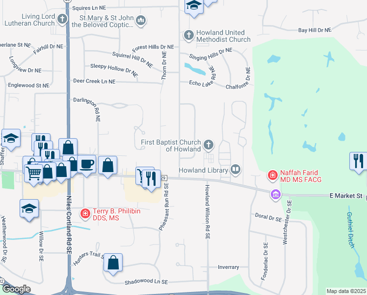 map of restaurants, bars, coffee shops, grocery stores, and more near 254 Howland Wilson Road Northeast in Warren