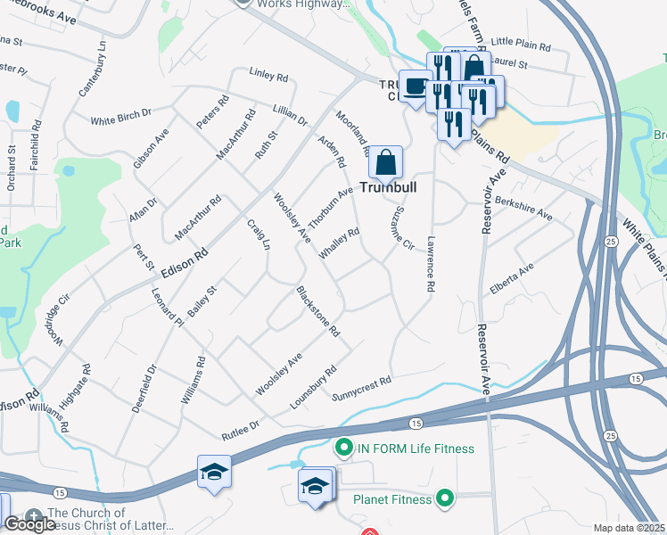 map of restaurants, bars, coffee shops, grocery stores, and more near 49 Woolsley Avenue in Trumbull