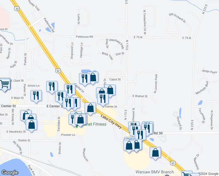 map of restaurants, bars, coffee shops, grocery stores, and more near 300 Prosperity Drive in Warsaw