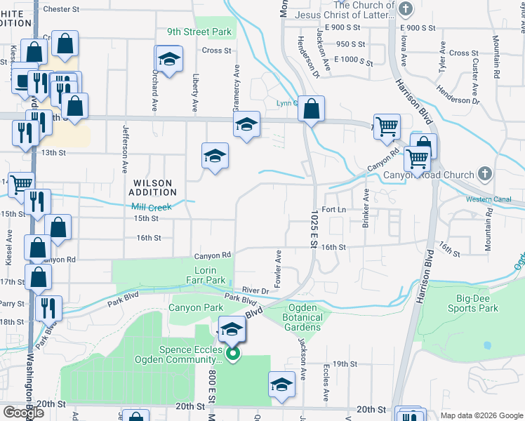 map of restaurants, bars, coffee shops, grocery stores, and more near 896 16th Street in Ogden