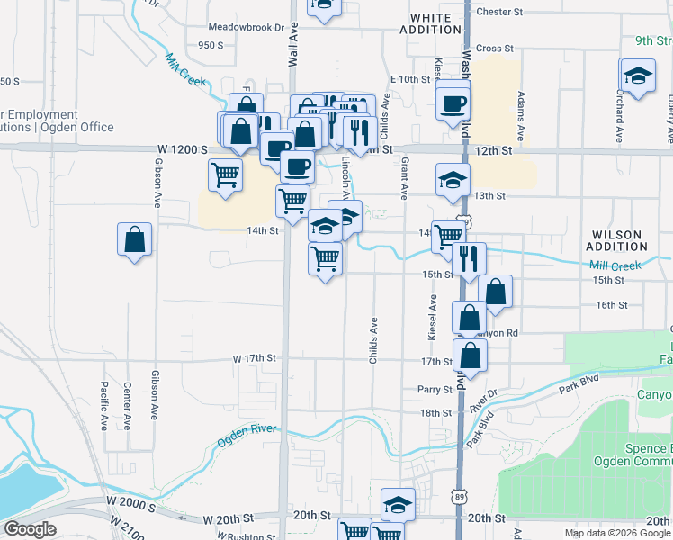 map of restaurants, bars, coffee shops, grocery stores, and more near 151-199 15th Street in Ogden